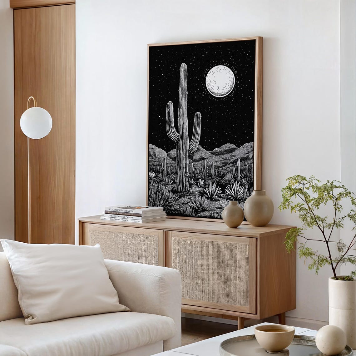 Black and White Desert Night Saguaro Under Full Moon Engraving Poster - Image 2