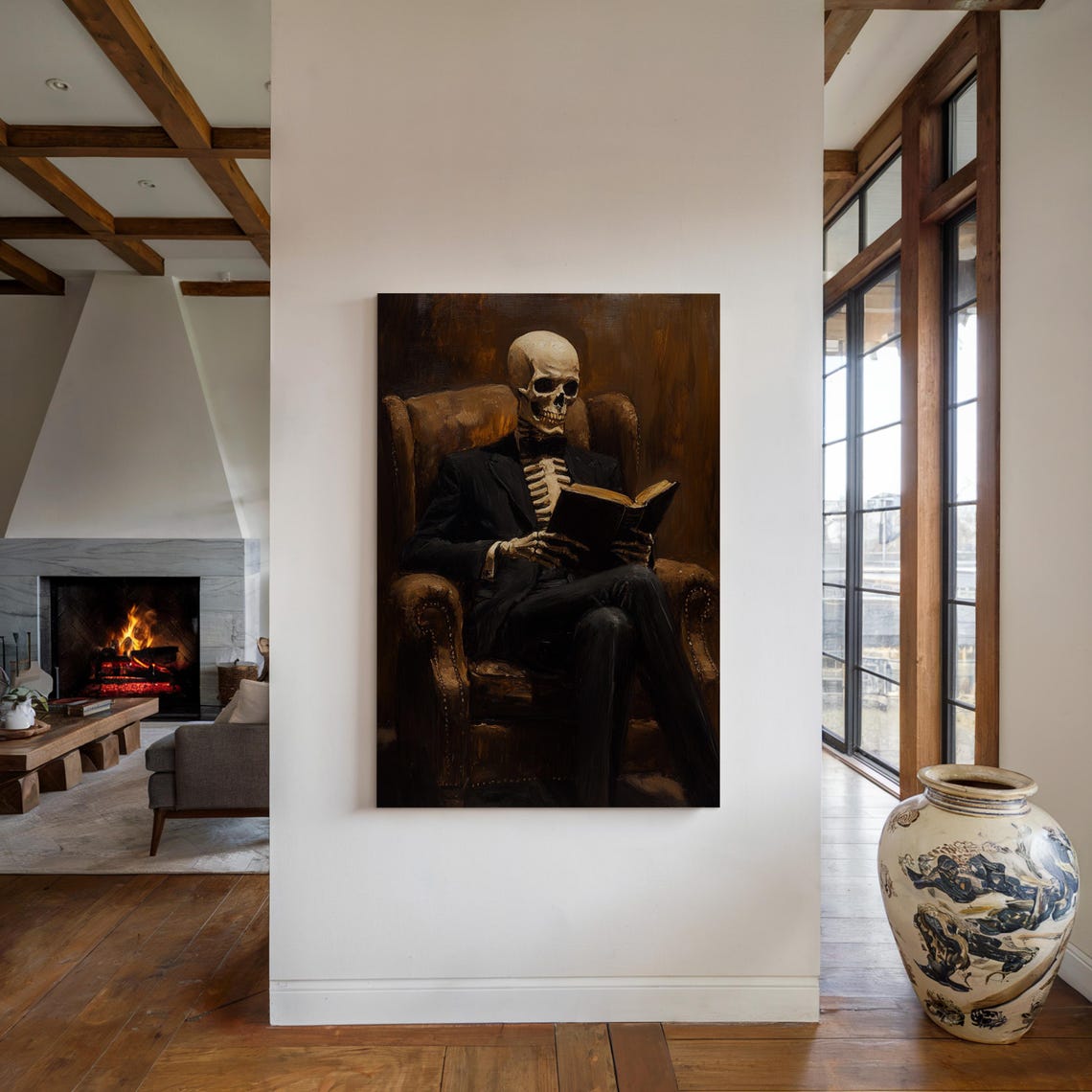 Elegant Skeleton Reading in a Leather Armchair Dark Art Poster - Image 4