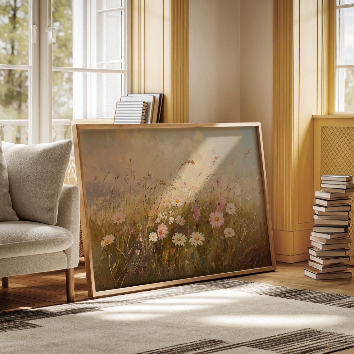 Pink Cosmos And White Daisies In Golden Meadow Light Wall Art - Image 7