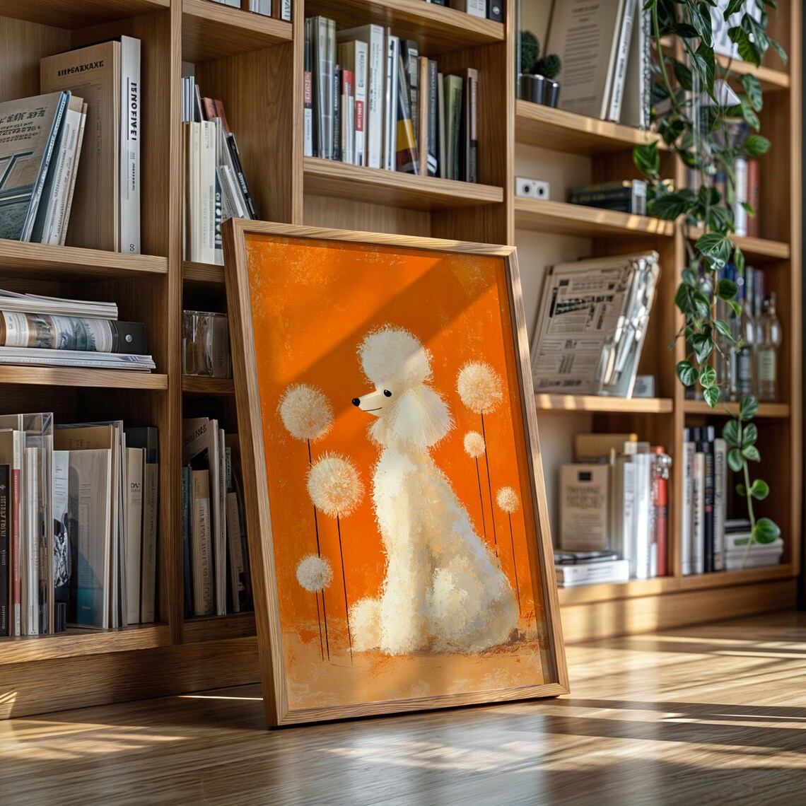Elegant White Poodle on Bright Orange Background With Dandelion Flowers Poster