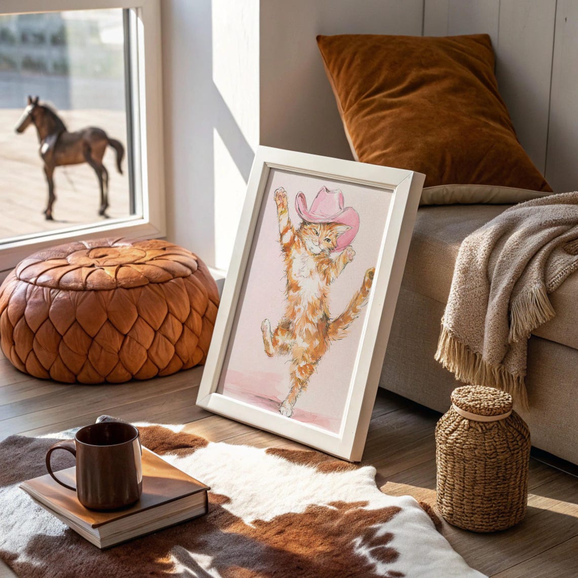 Cowboy Cat In Pink Hat Watercolor Cute Dancing Kitty Western Poster