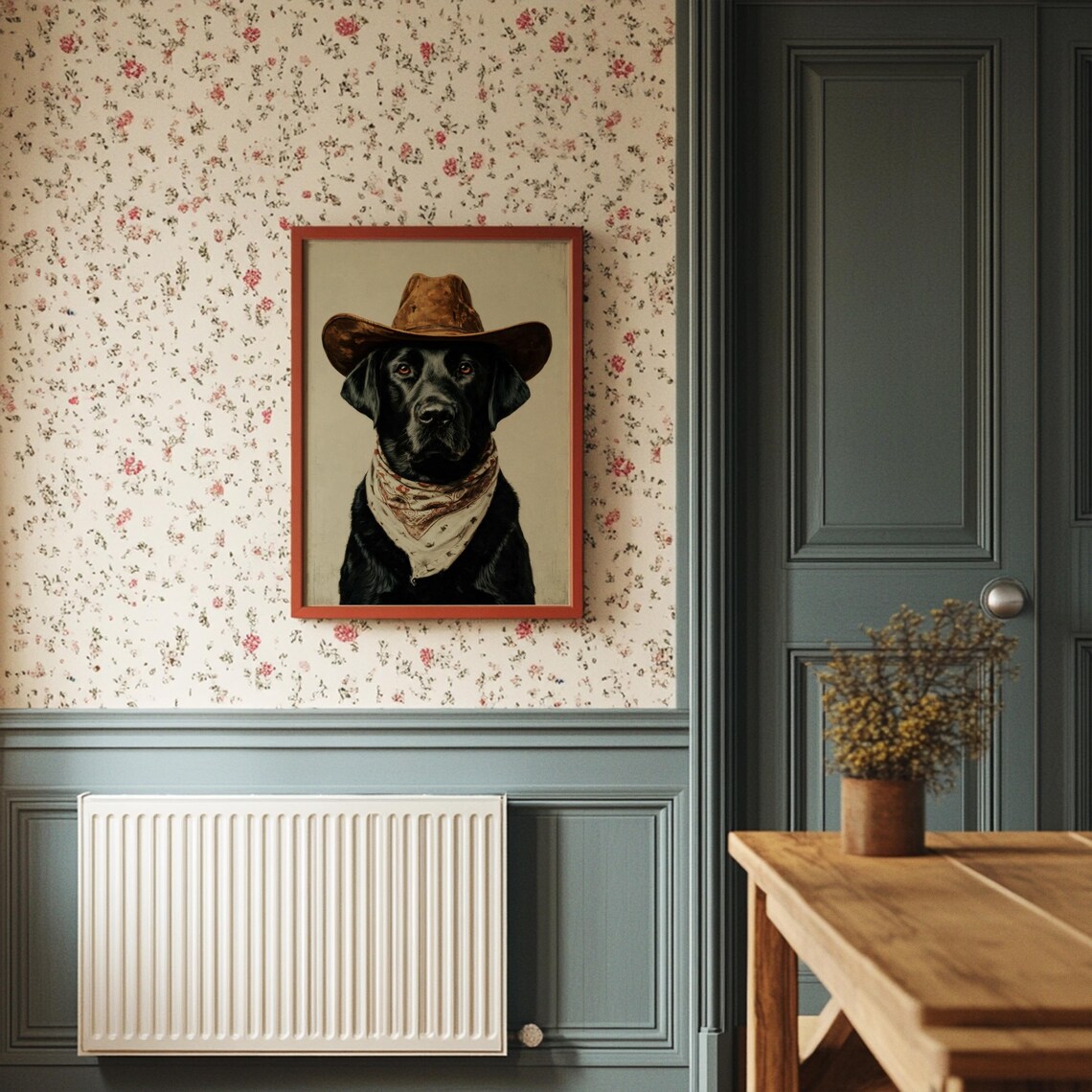 Black Lab In Cowboy Hat And Bandana Western Dog Portrait Poster