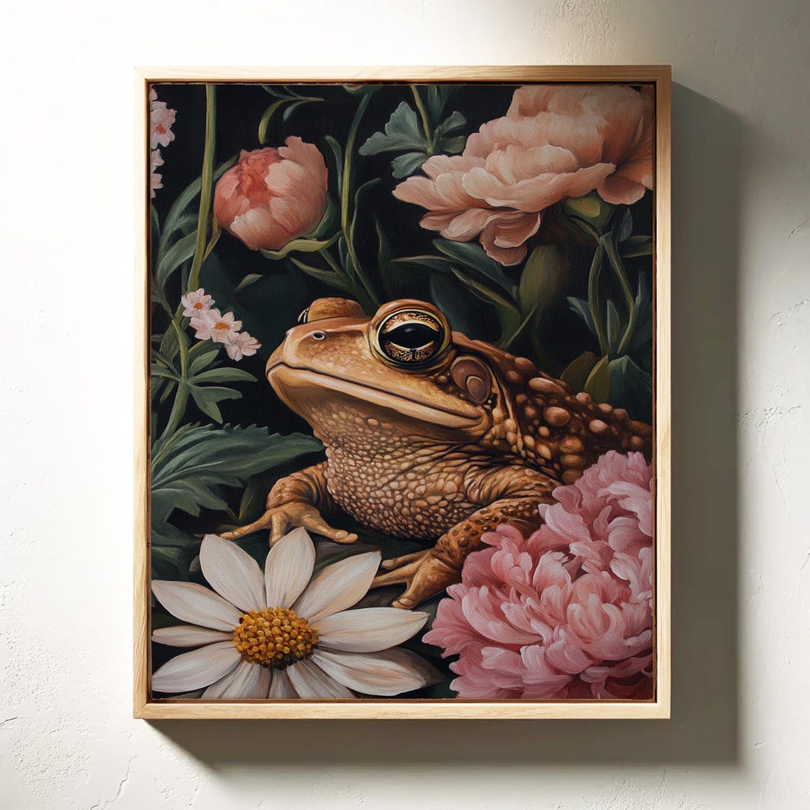 Whimsical Vintage Toad Among Pink Peonies Dark Botanical Poster - Image 5