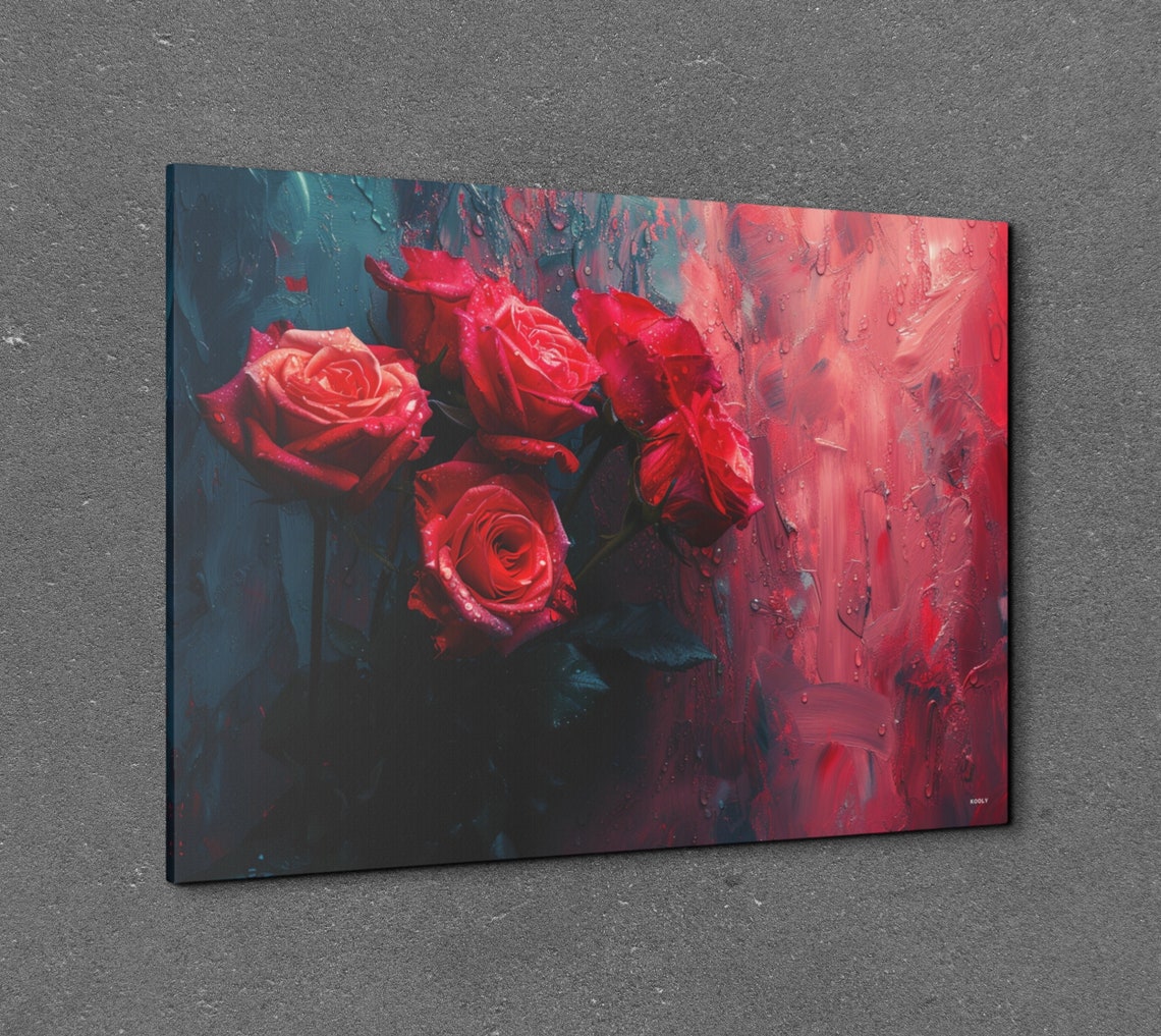 Red Roses Bouquet Against Teal And Crimson Painterly Floral Art Print - Image 6