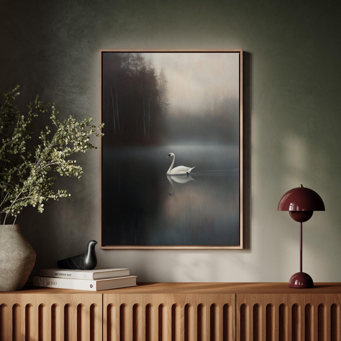 White Swan Gliding On A Misty Forest Lake Minimalist Art Print