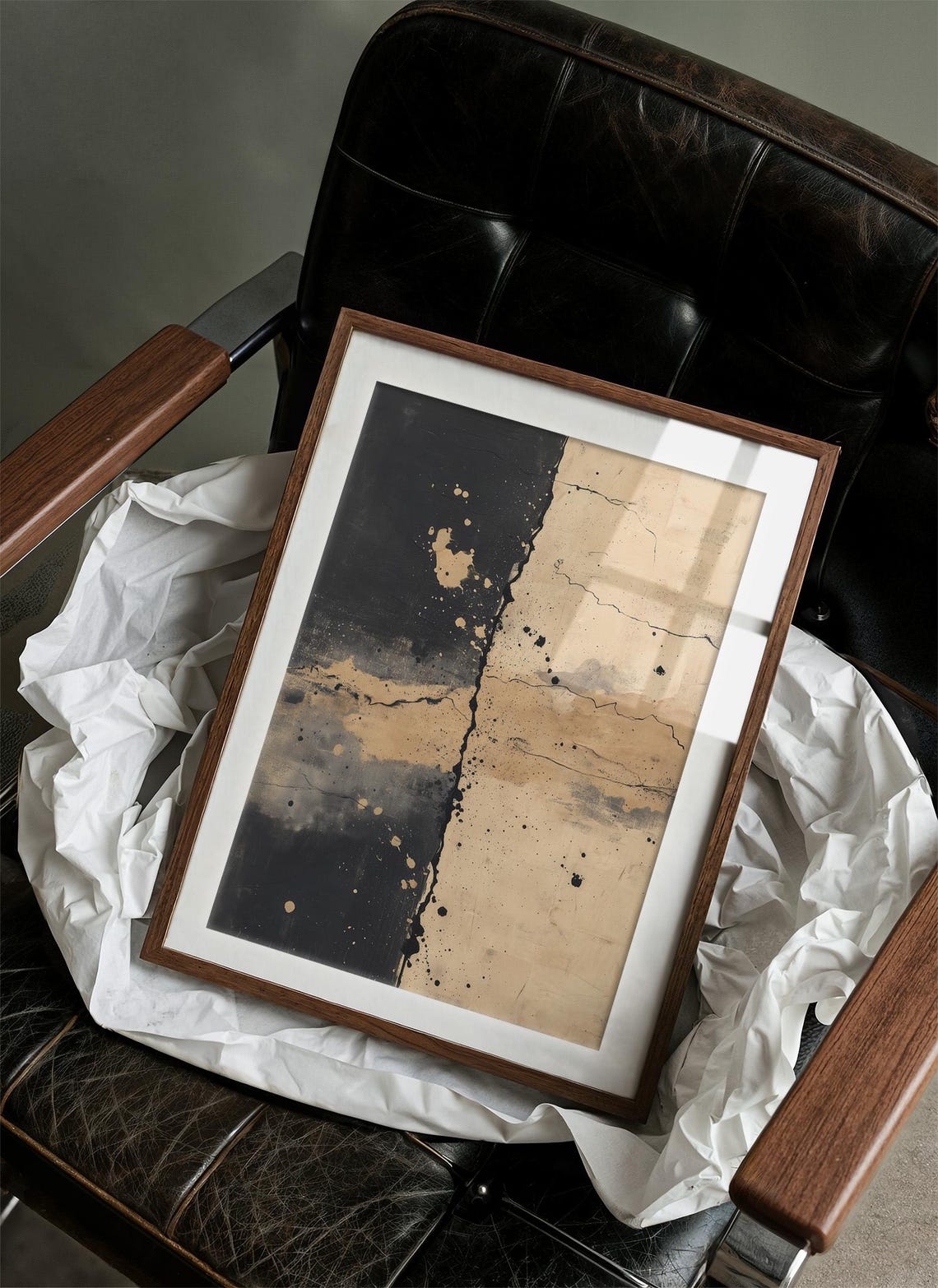 Black Beige Split Abstract Cracked Texture Modern Minimalist Print