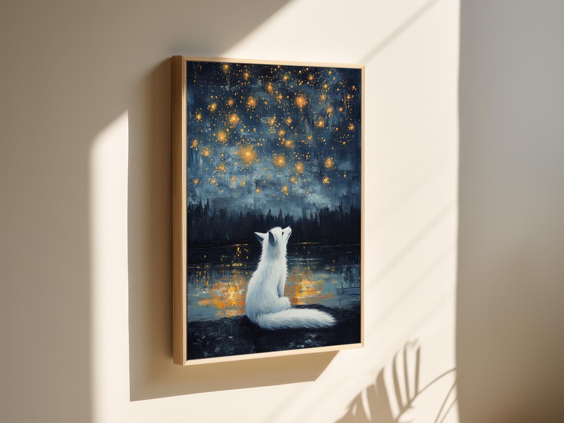 Mystical White Fox Under Golden Stars Art Print - Image 5
