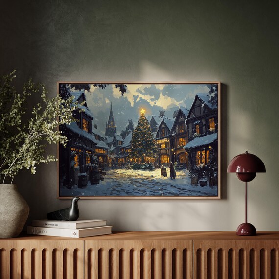 Christmas Village Night Snowy Street Festive Lights Holiday Town Poster