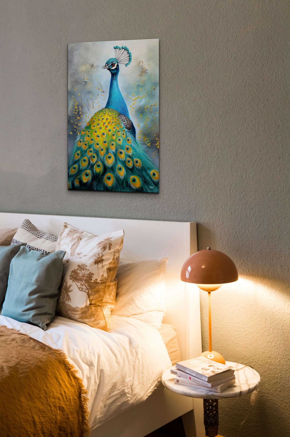 Peacock Full Plumage Textured Painting Turquoise Gold Bird Poster - Image 3