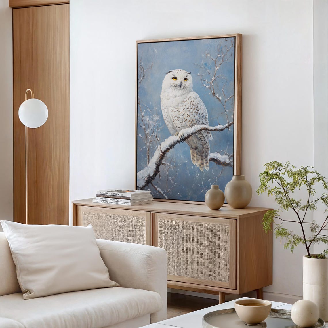 Snowy Owl Resting on Snowy Branch Frosty Blue Winter Art Print - Image 6