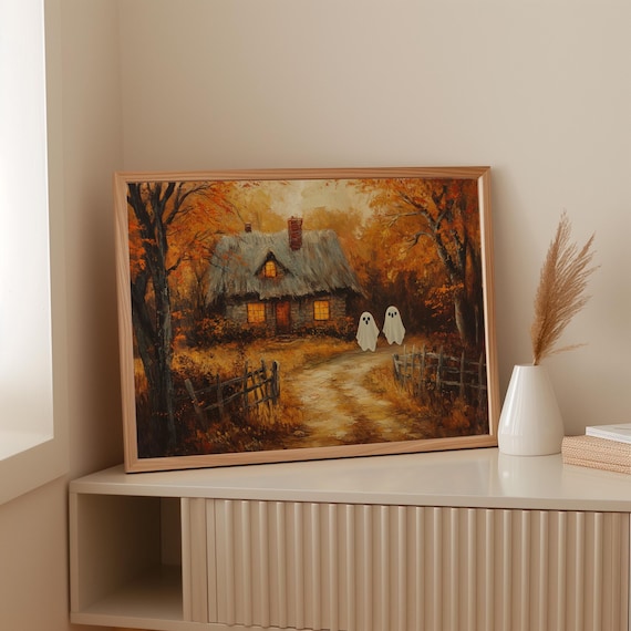 Two Cute Ghosts By Autumn Cottage Vintage Oil Painting Poster