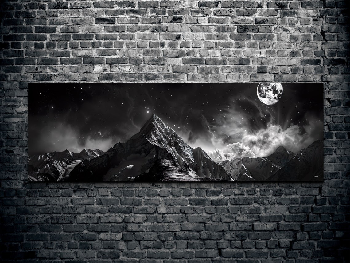 Black And White Moonlit Mountain Peak Under Night Sky Art Poster - Image 2