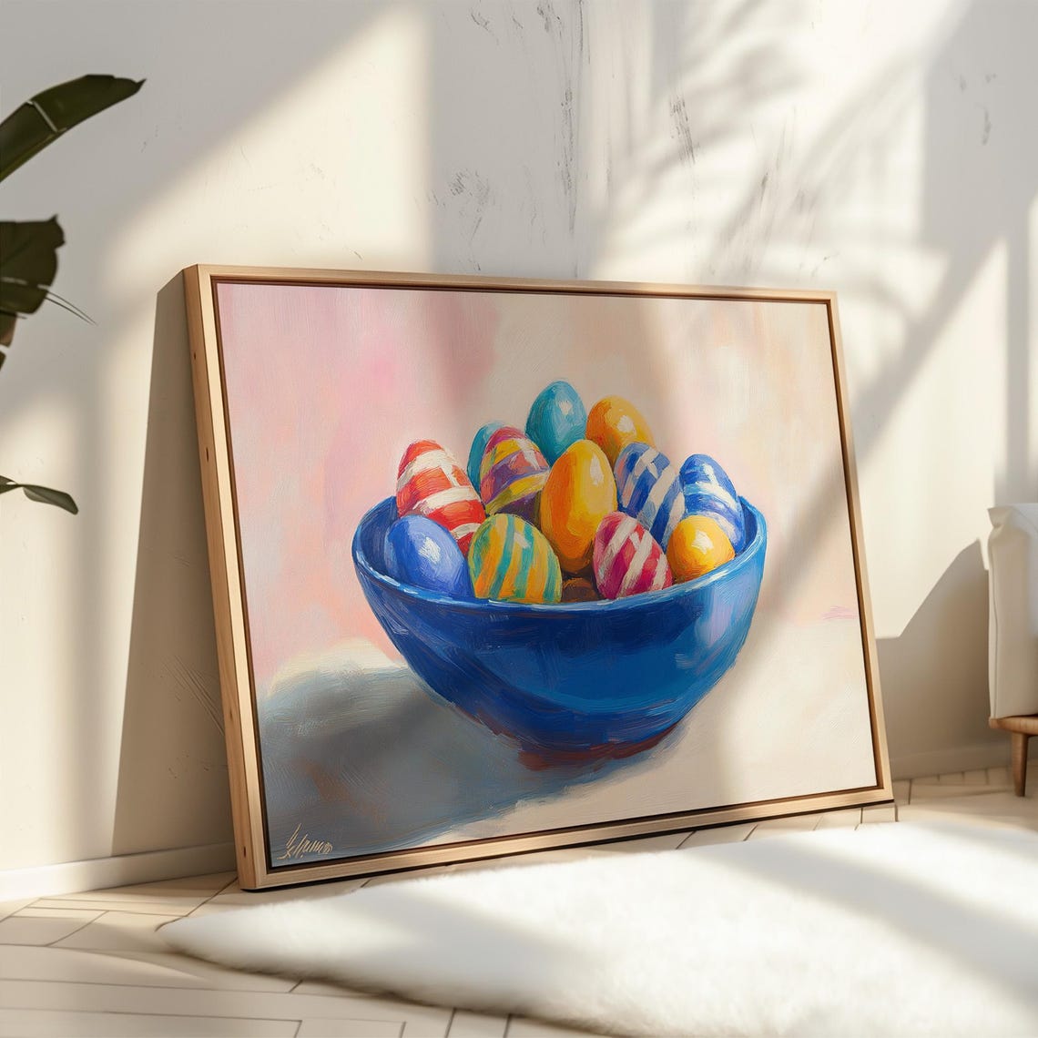 Colorful Easter Eggs in Blue Bowl Cheerful Spring Still Life Wall Art - Image 4