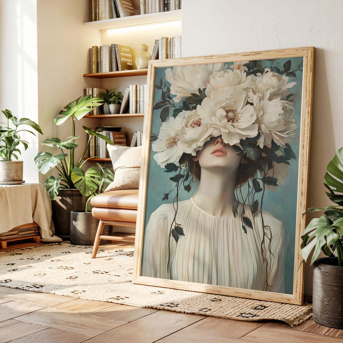 Elegant White Flower Woman Portrait Teal Romantic Art Poster