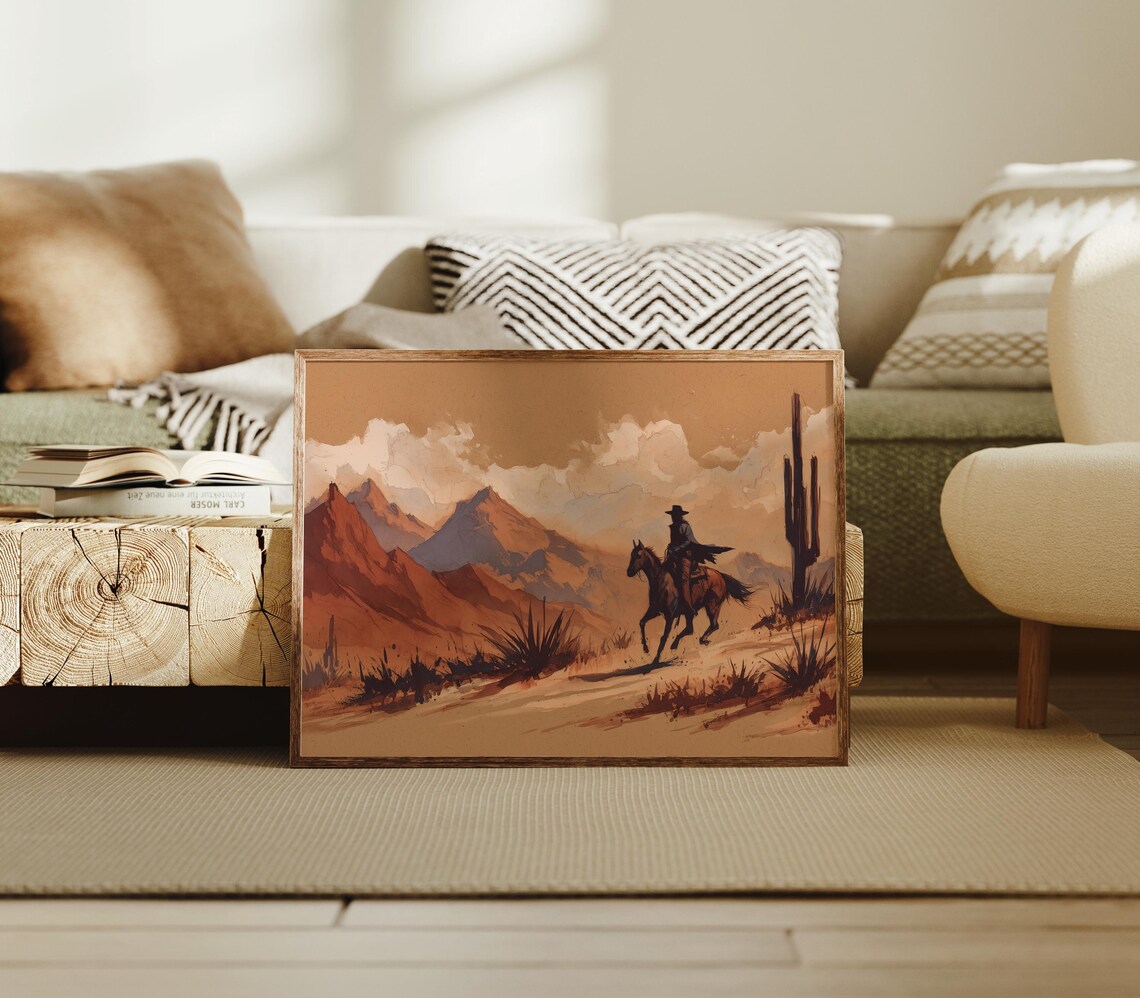 Cowboy Riding Desert Canyon Saguaro Watercolor Western Poster