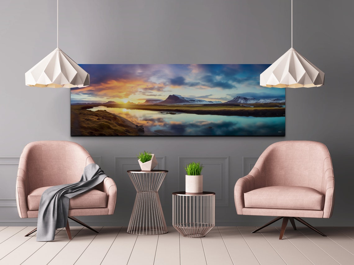 Sunset River Valley Beneath Mountain Peaks Panoramic Art Poster - Image 4