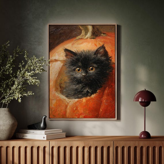 Black Kitten In Pumpkin Cute Halloween Wall Art