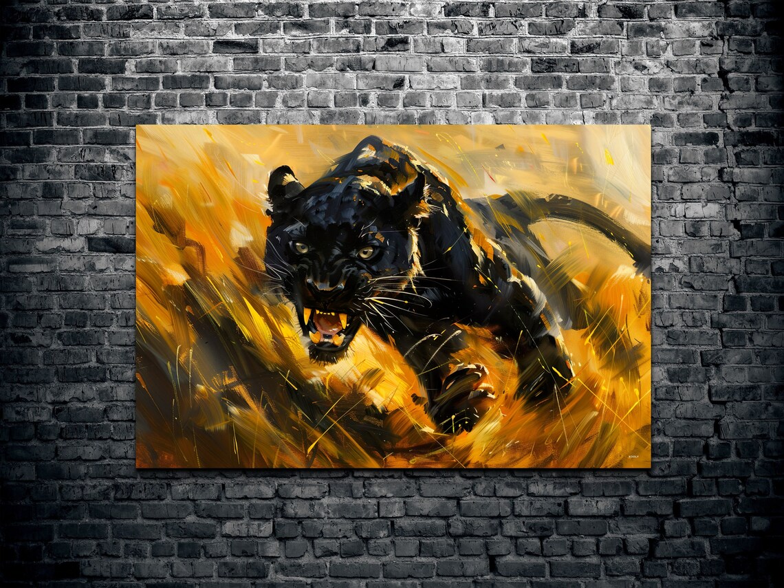 Charging Black Panther Golden Brushwork Fierce Animal Poster - Image 2