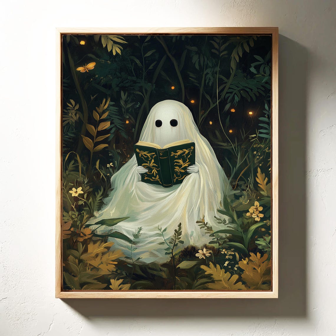 Whimsical Ghost Reading Ornate Book In Dark Forest Florals Wall Art - Image 2
