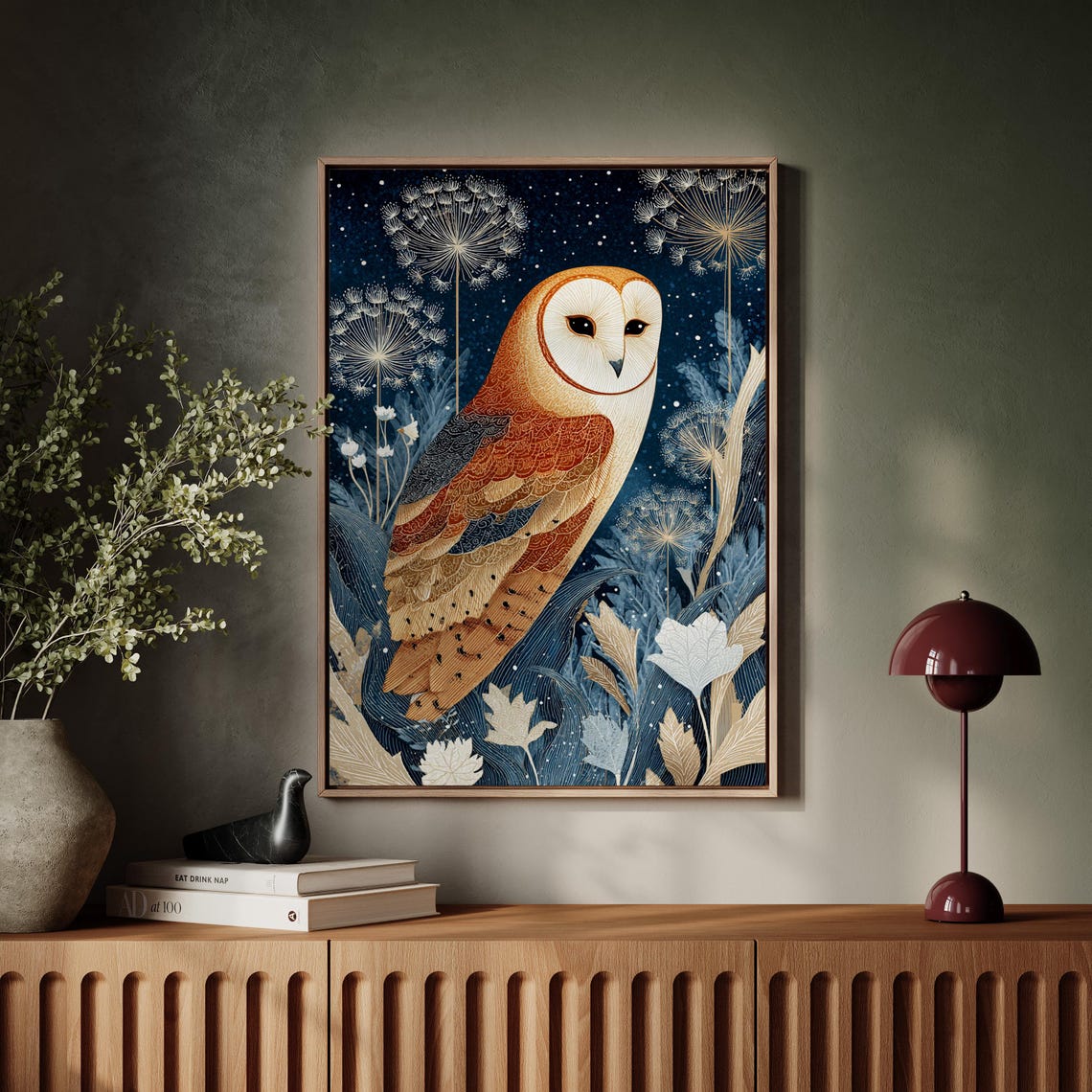Barn Owl Perched Under Starry Night Sky with Dandelions Wall Art