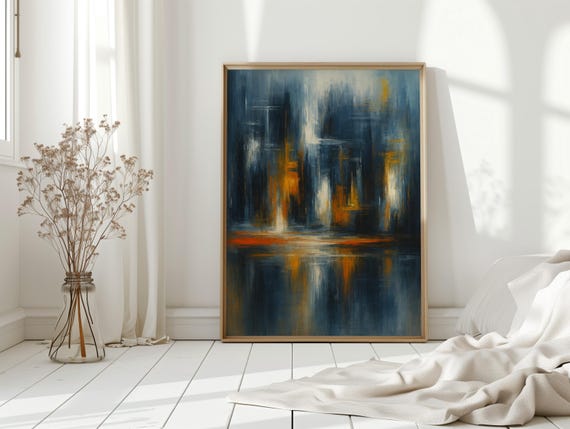 Bold Abstract Cityscape Canvas In Navy Orange And White Urban Skyline Reflections For Modern Industrial Wall Decor
