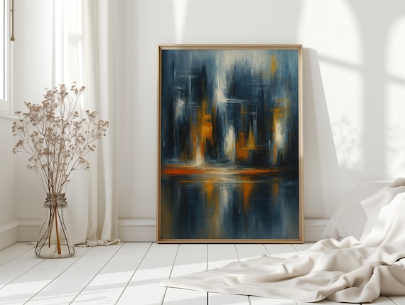 Bold Abstract Cityscape Navy Orange and White Skyline Reflection Poster