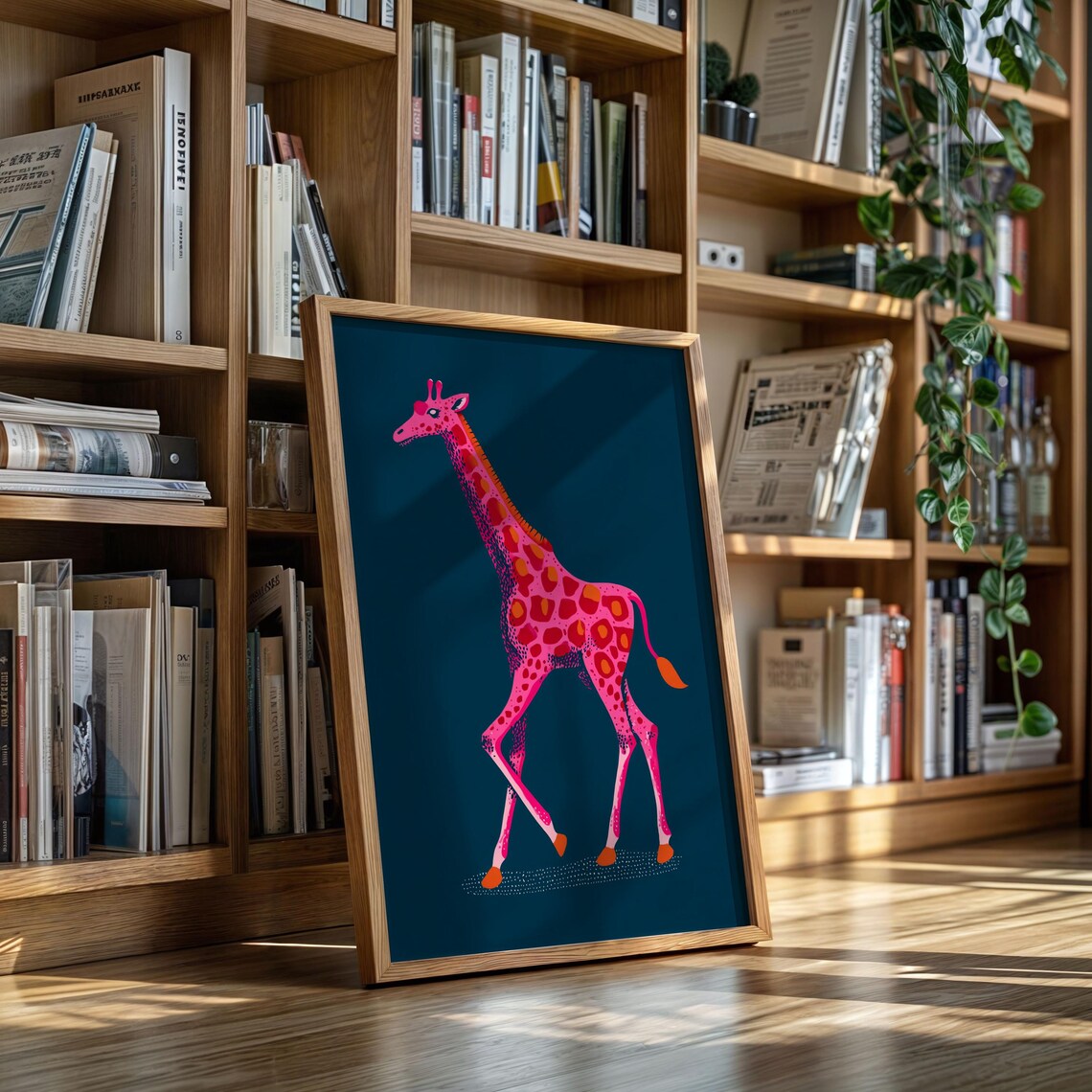 Pink Giraffe Illustration Colorful Modern Animal Navy Background Fun Poster