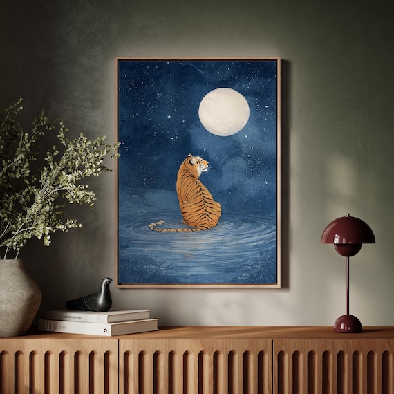 Tiger Under Full Moon In Starry Night