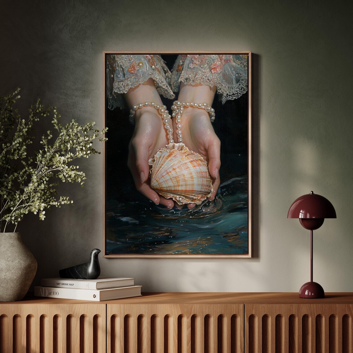 Elegant Hands Holding Seashell And Pearls Wall Art Coastal Vintage Decor Ocean Inspired Romantic Artwork - Image 2
