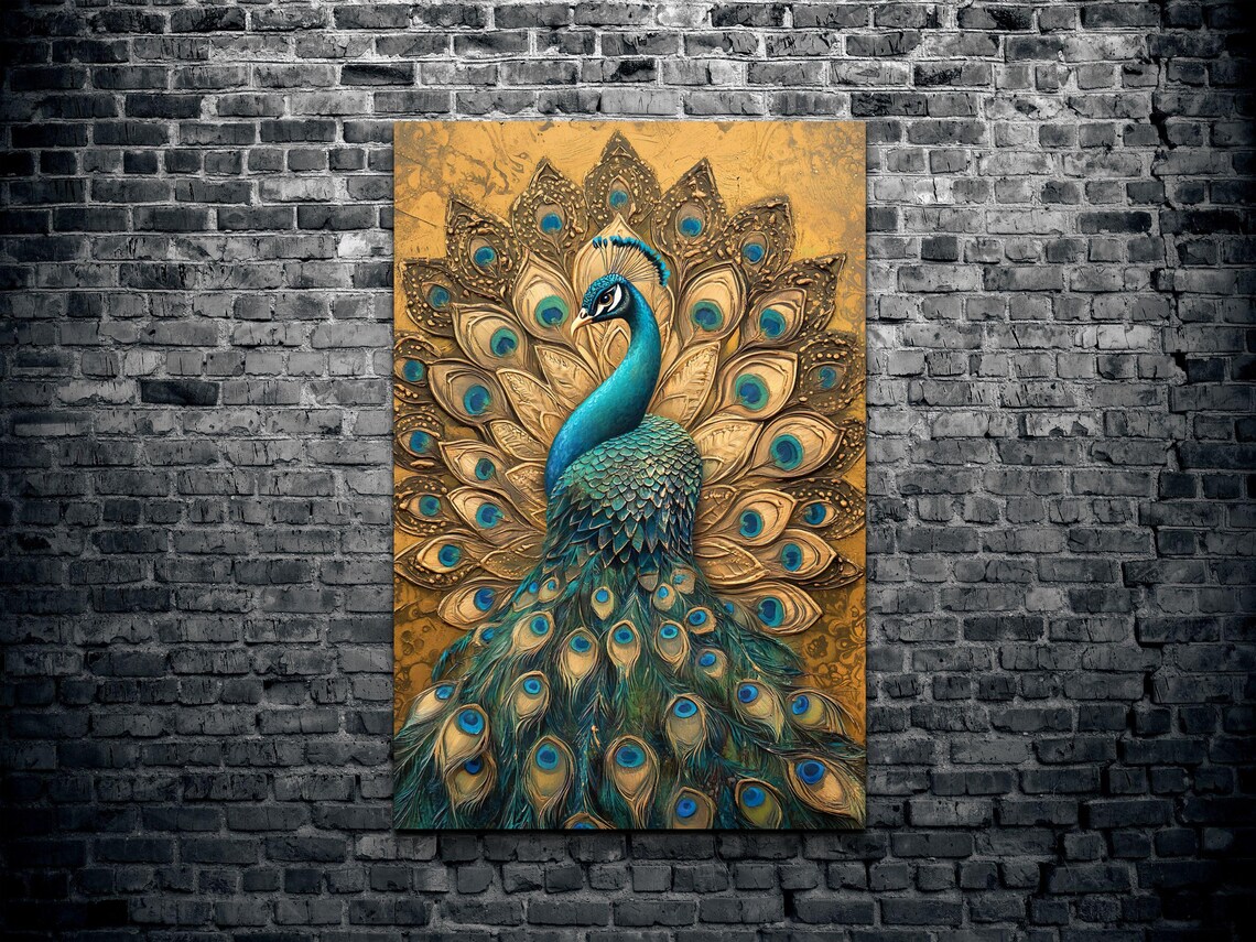 Majestic Peacock Golden Fanned Tail Royal Bird Portrait Art Poster - Image 2