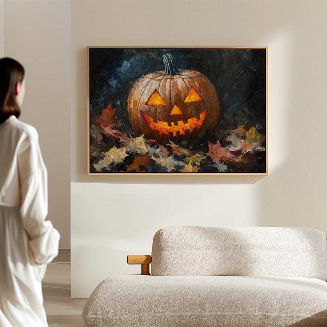 Glowing Jack O Lantern Among Autumn Leaves Dark Halloween Painting Poster - Image 6