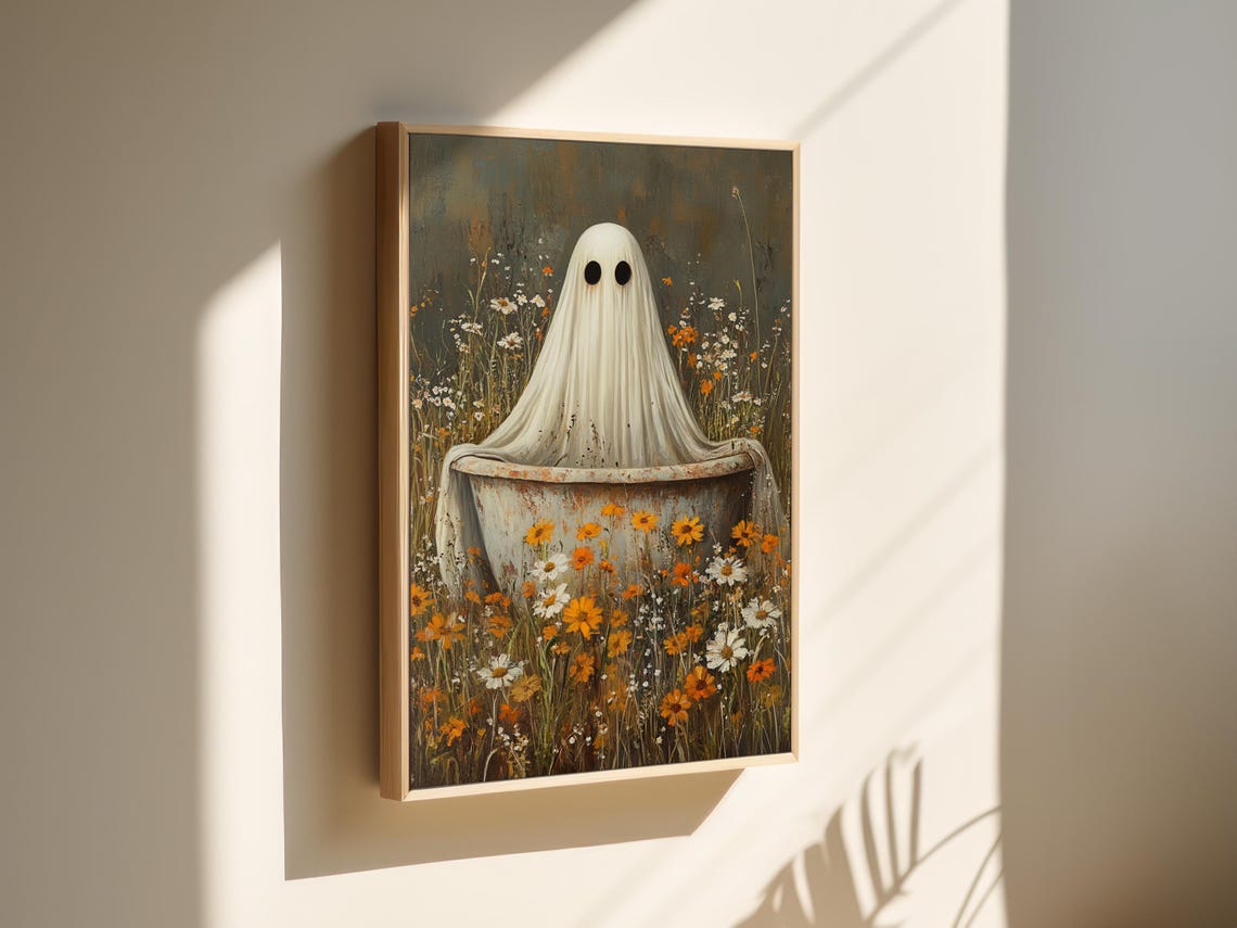 Cute Ghost In Vintage Bathtub Wildflower Halloween Art Poster - Image 5