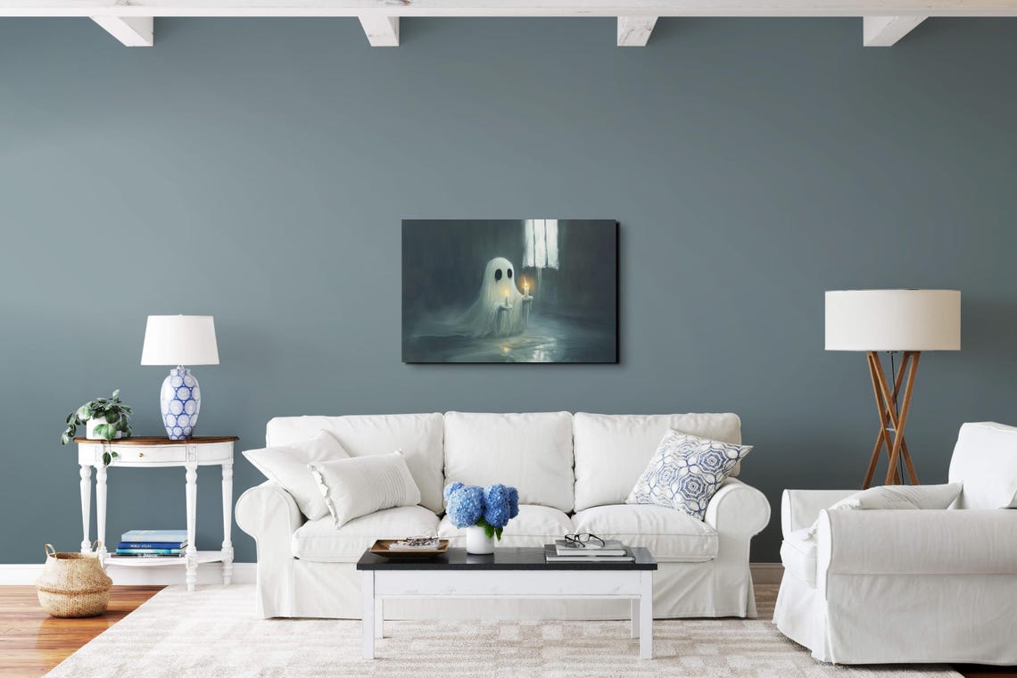 Sheet Ghost With Glowing Candles in a Quiet Dark Room at Night Poster - Image 3
