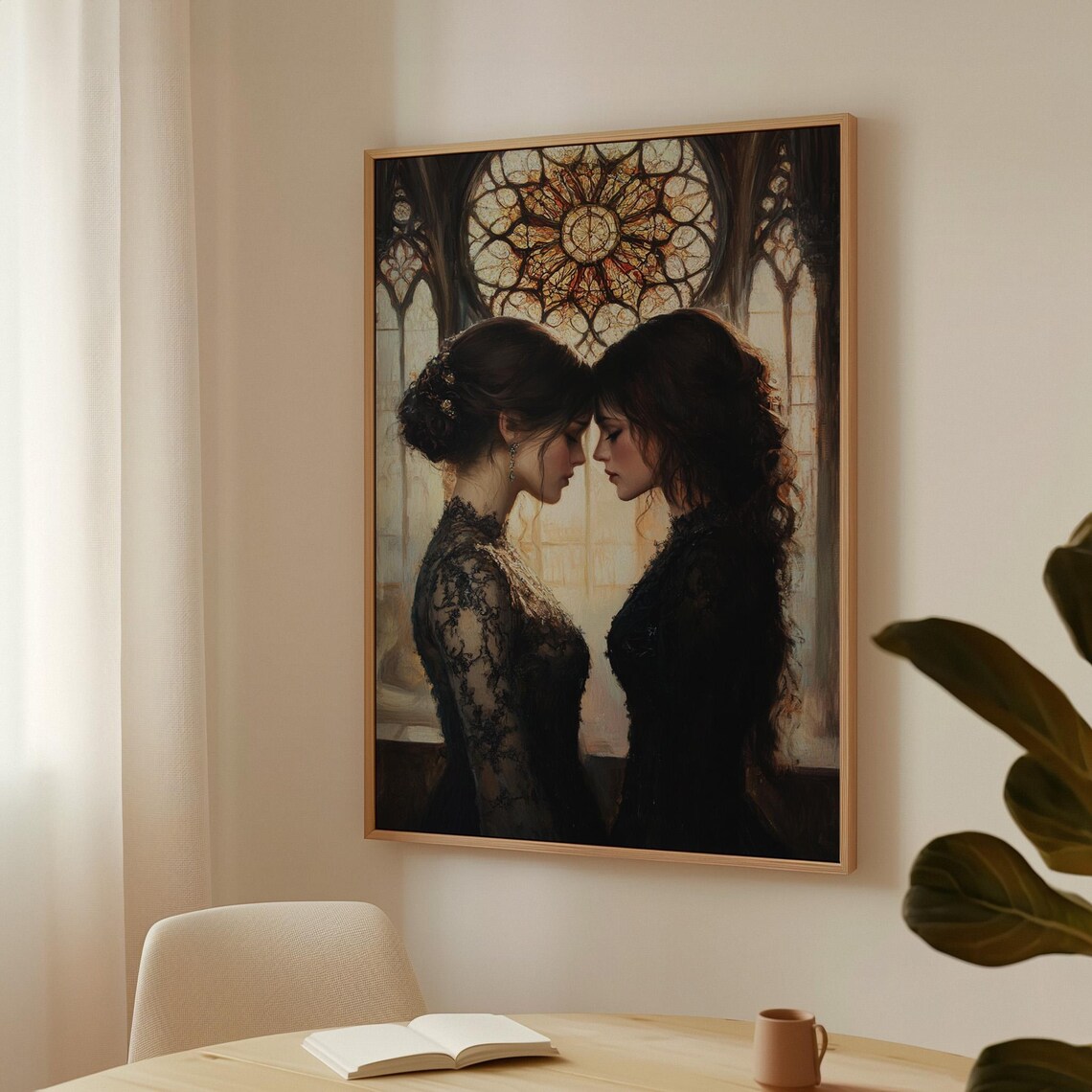 Two Women In Black Lace Before Stained Glass Rose Window Gothic Poster
