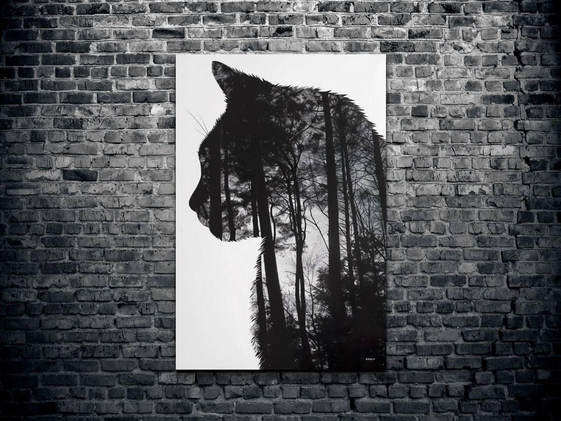 Double Exposure Cat Silhouette Forest Trees Monochrome Poster - Image 2