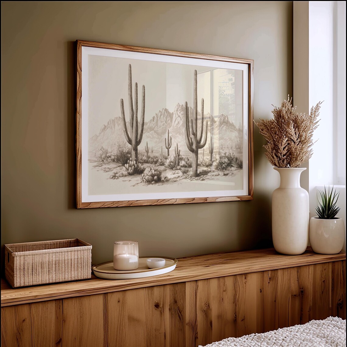 Vintage Desert Cactus Engraving Art Print