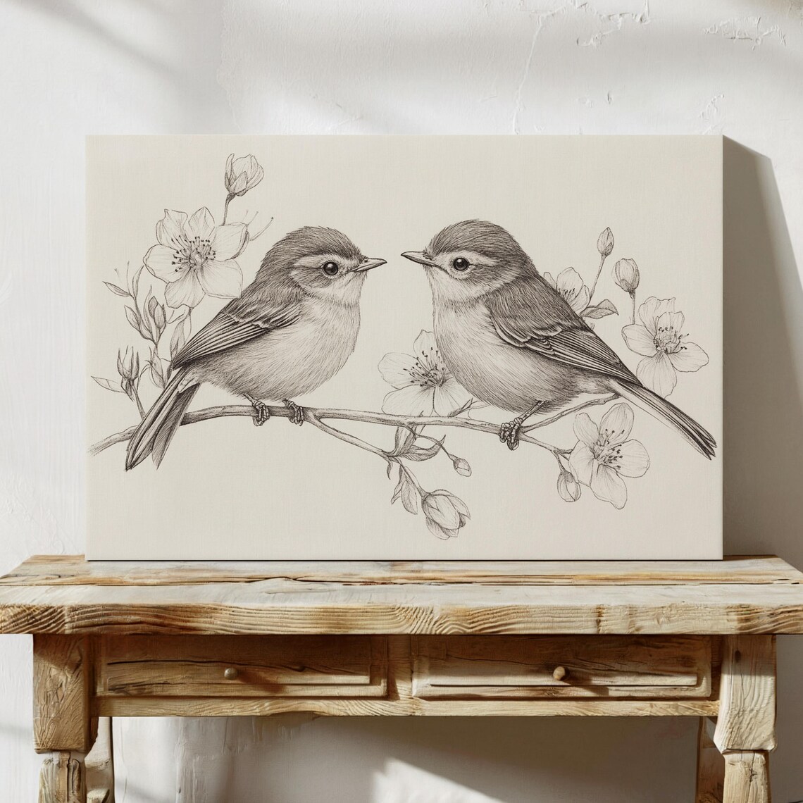 Bird Sketch Pair With Flowers, Line Drawing Art Print - Image 6