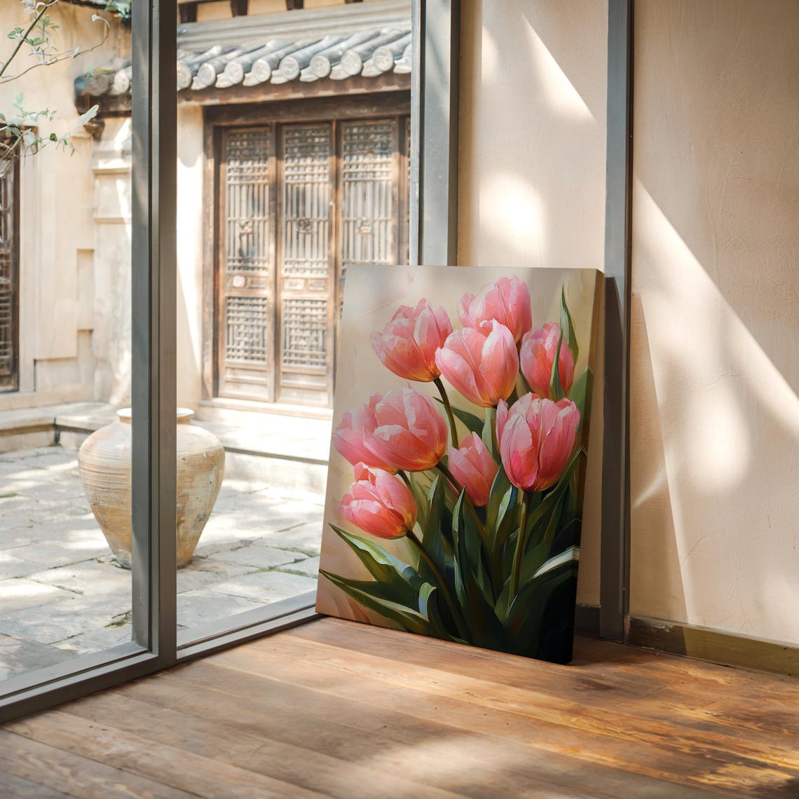 Pink Tulips in Soft Sunlight Cheerful Floral Painting Wall Art
