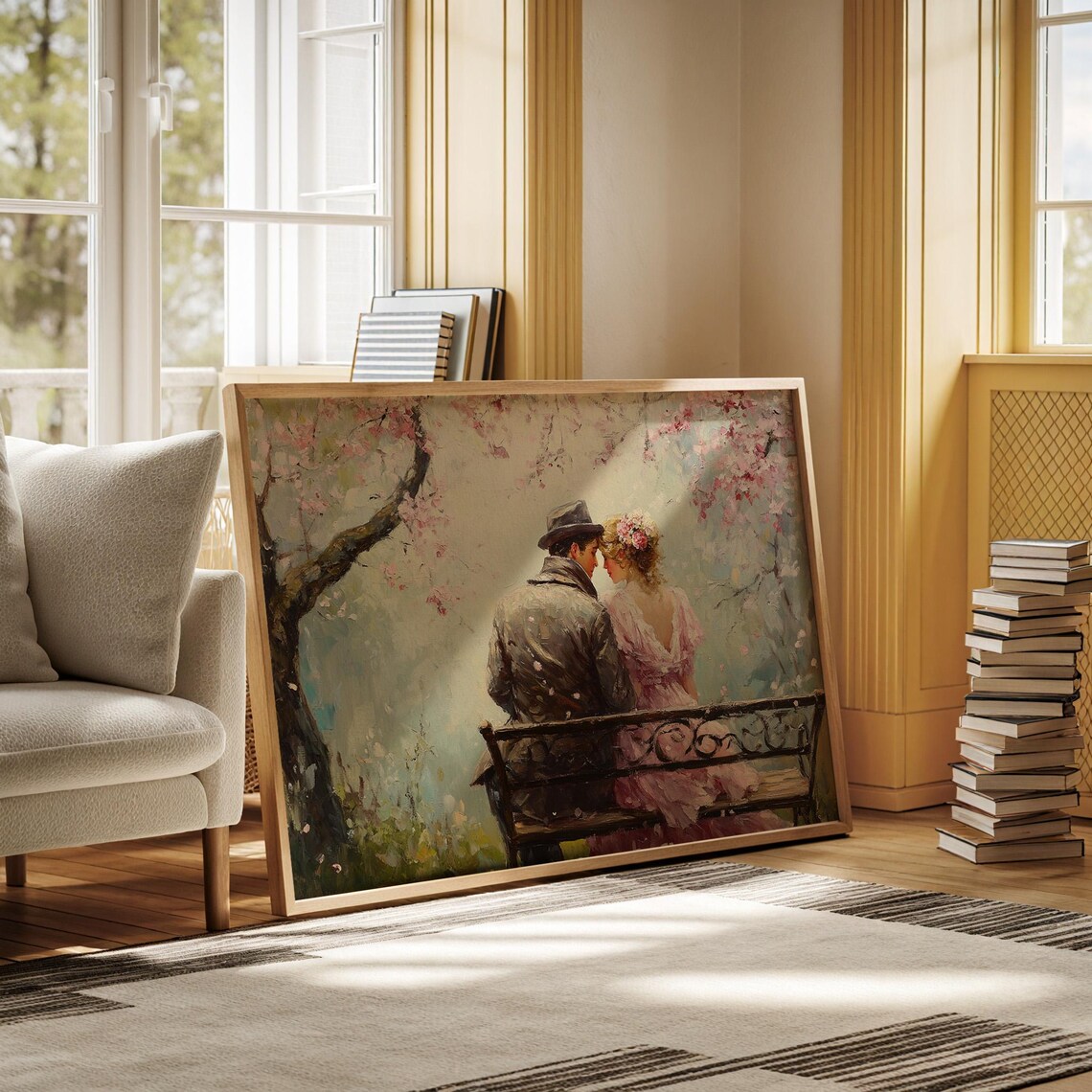 Vintage Couple On Bench Under Cherry Blossom Tree Romance Wall Art - Image 7