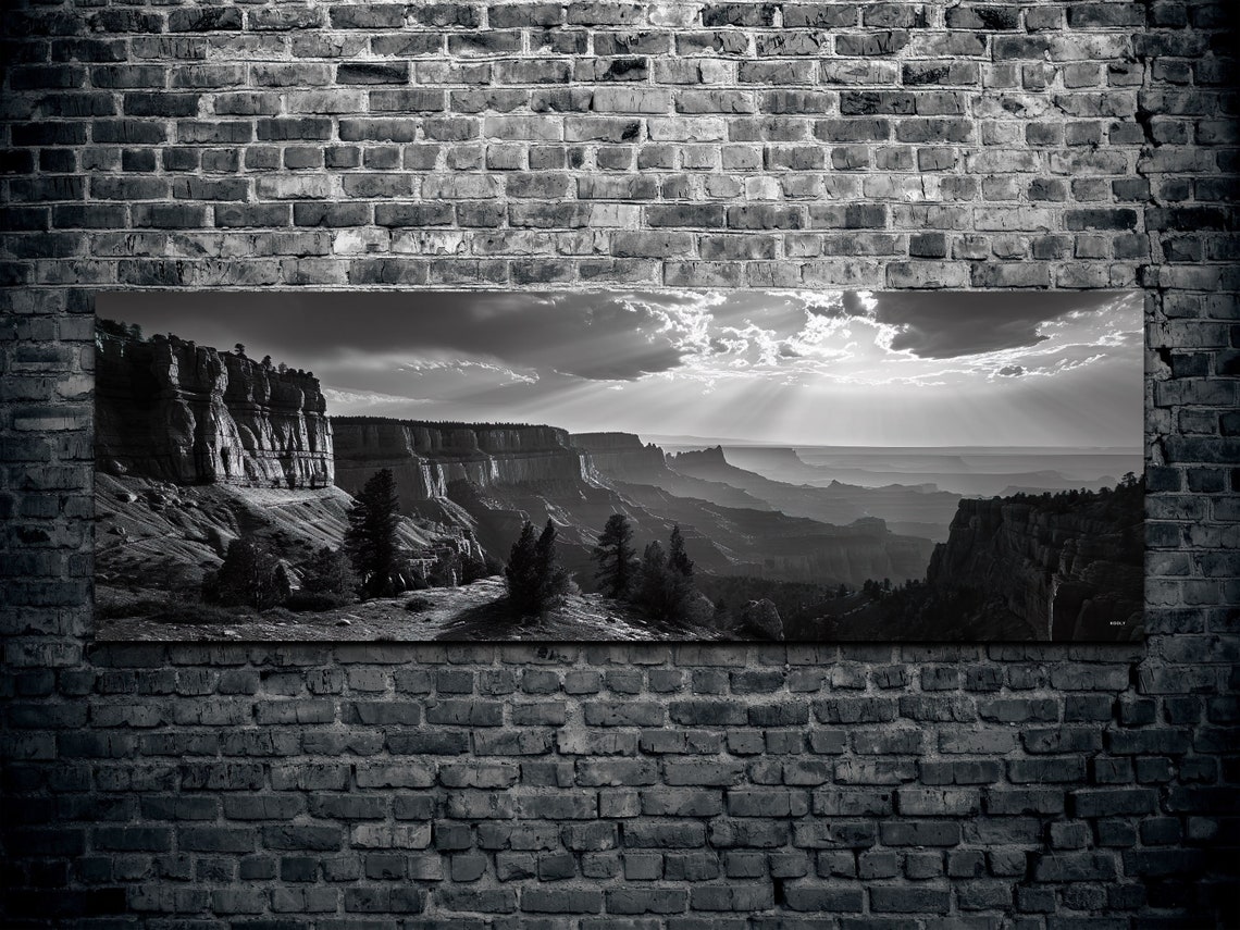 Panoramic Black White Canyon Sun Rays Dramatic Landscape Wall Art - Image 2