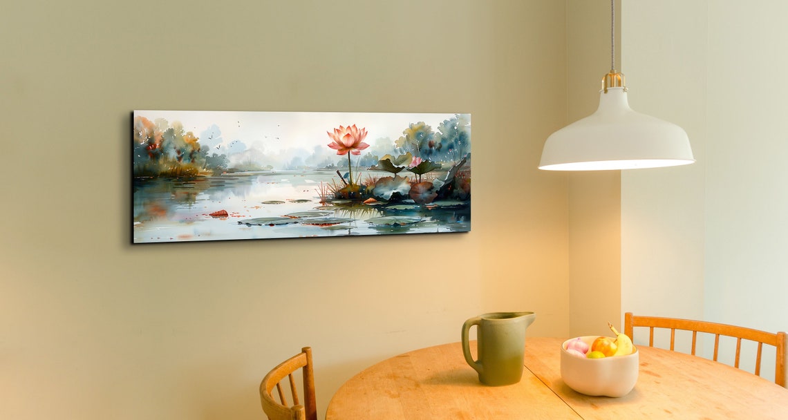 Watercolor Lotus Pond Misty Swamp Panoramic Nature Art Poster - Image 4