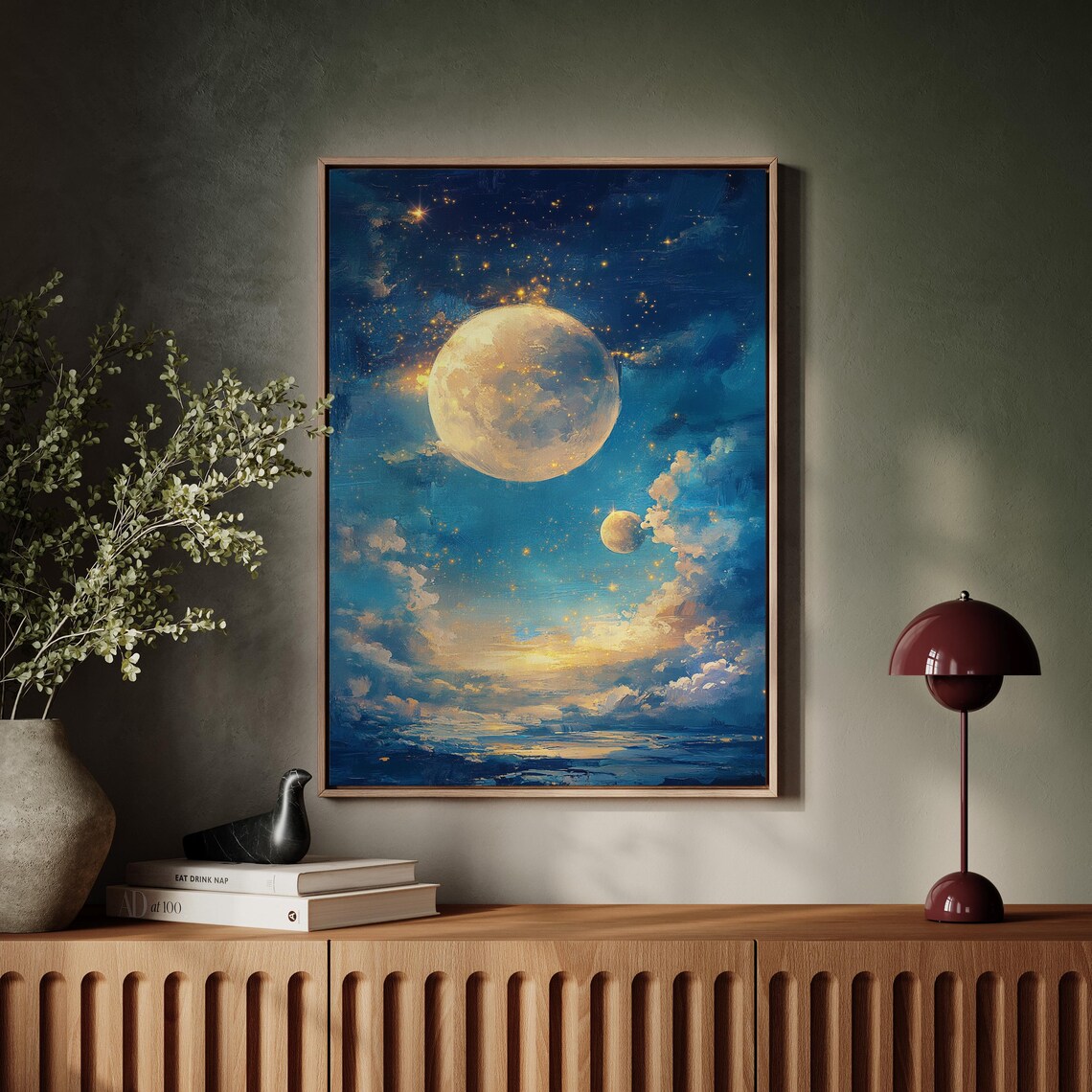 Dreamy Double Moon Art Starry Night Sky Clouds Celestial Tranquil Poster - Image 6
