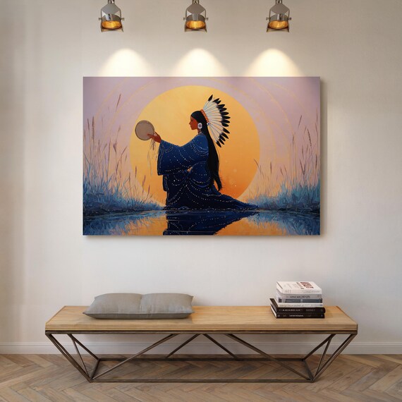 Native Woman With Drum Beneath Golden Sun Indigenous Art Poster
