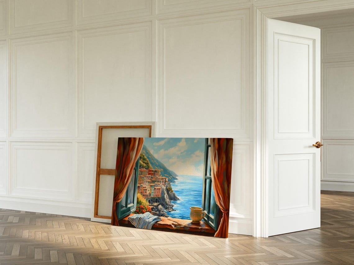 Colorful Coastal Village Sea View Through Open Window Poster - Image 3