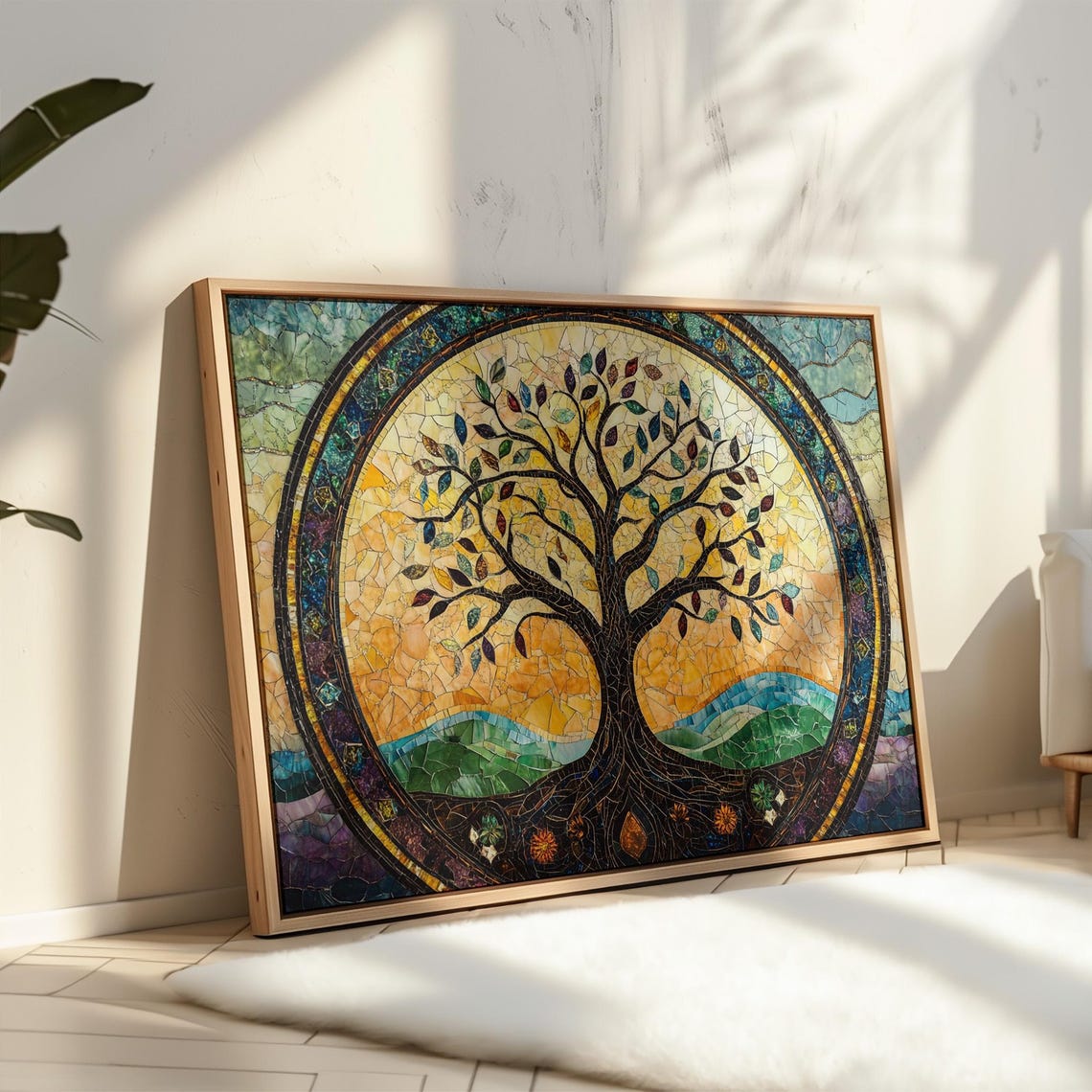 Stained Glass Tree Of Life Mosaic In Golden Sunset Circle Poster