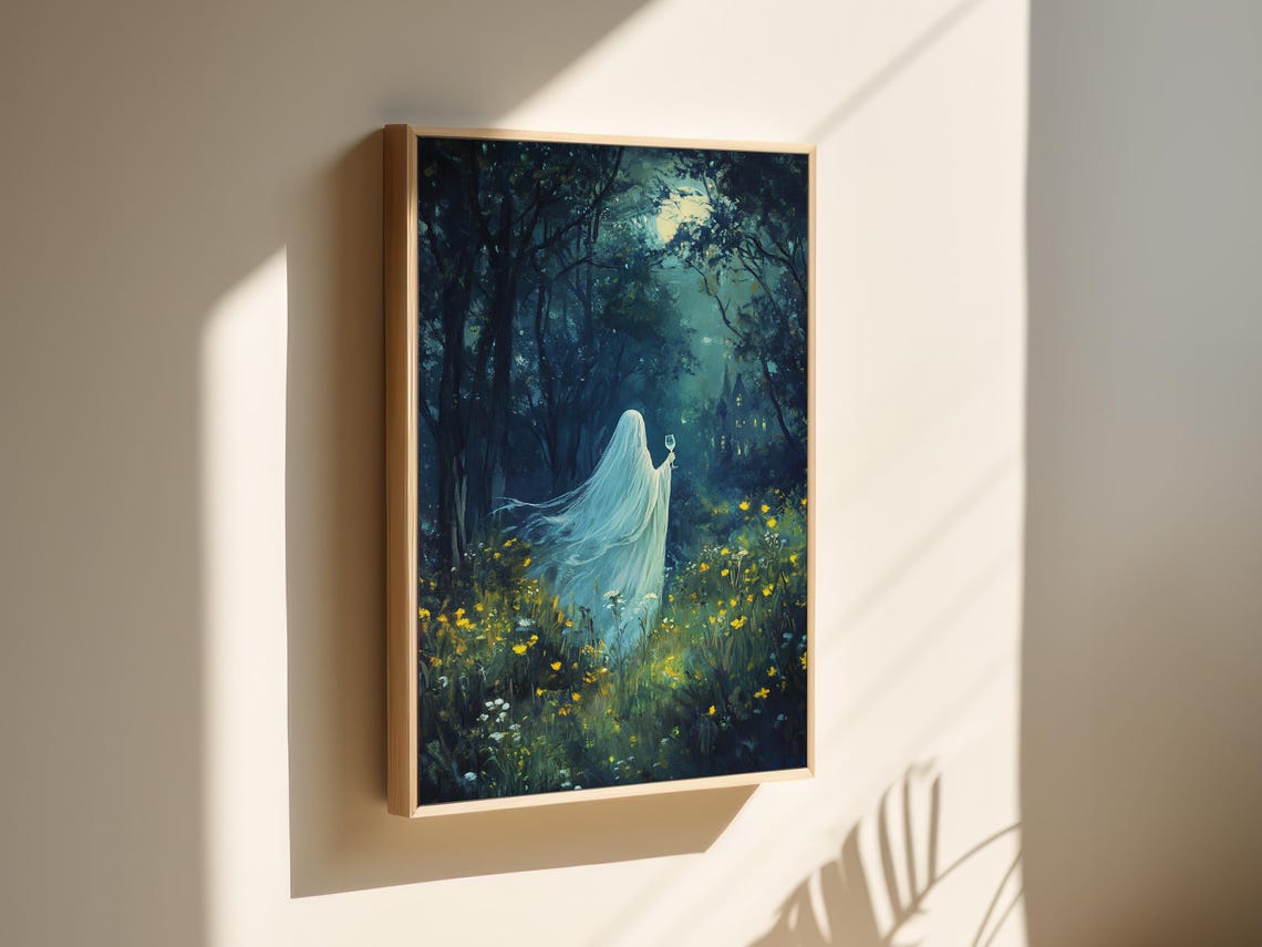 Ghost Holding Wine Glass in Moonlit Wildflower Forest Night Art Poster - Image 2