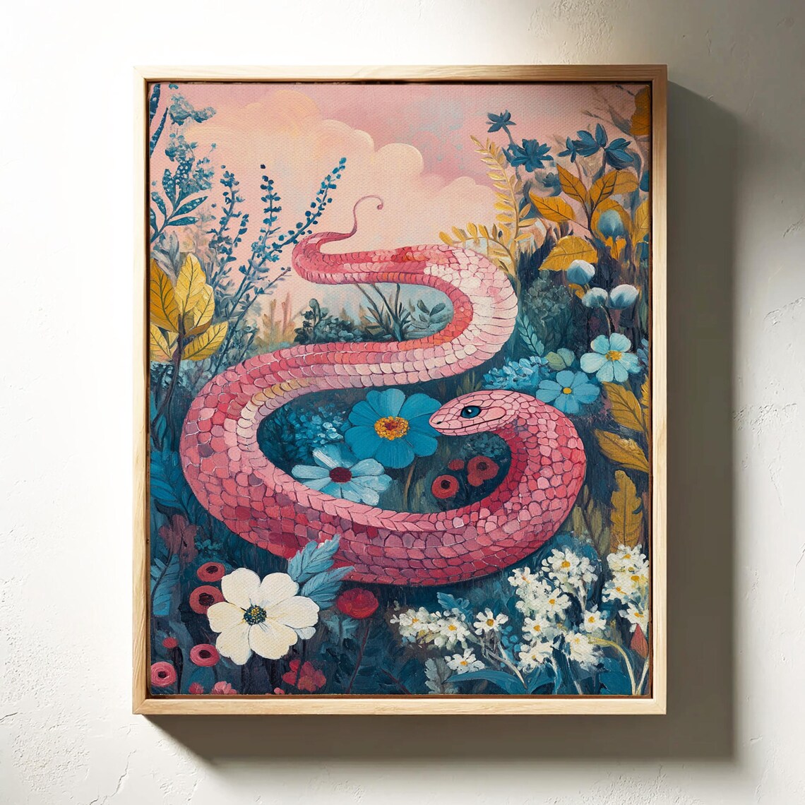 Pink Snake In Blooming Floral Garden Whimsical Botanical Poster - Image 7