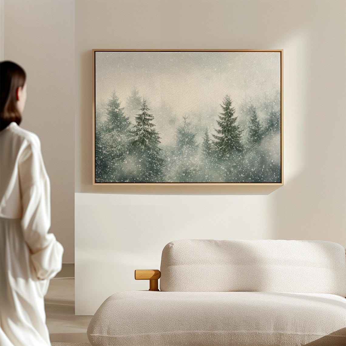 Misty Green Pine Forest In Falling Snow Soft Watercolor Winter Poster - Image 6