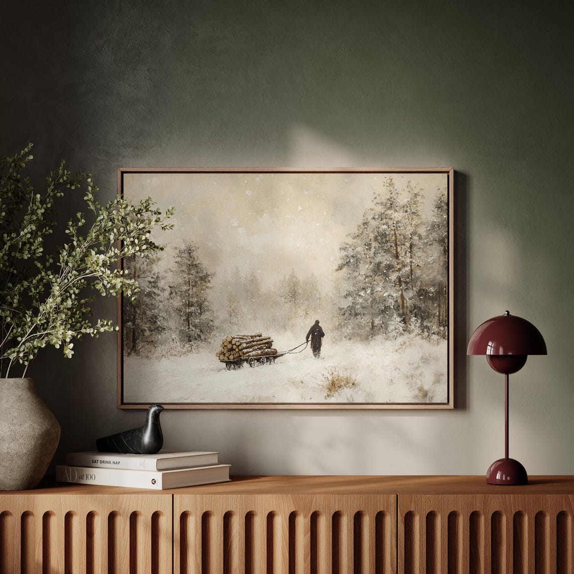 Lone Woodsman Pulling a Log Sled Through Deep Winter Snow Poster - Image 5