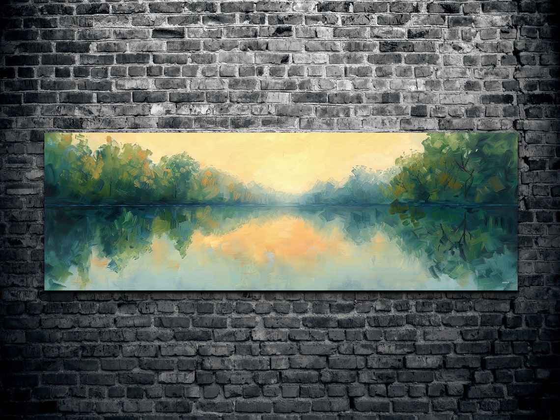Serene Sunrise Over Still Lake Soft Green Gold Impressionist Poster - Image 2